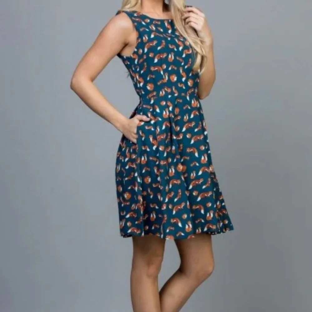 L.A. Soul Fox Print Fit and Flare Dress Teal Blue Sleeveless Small Pockets